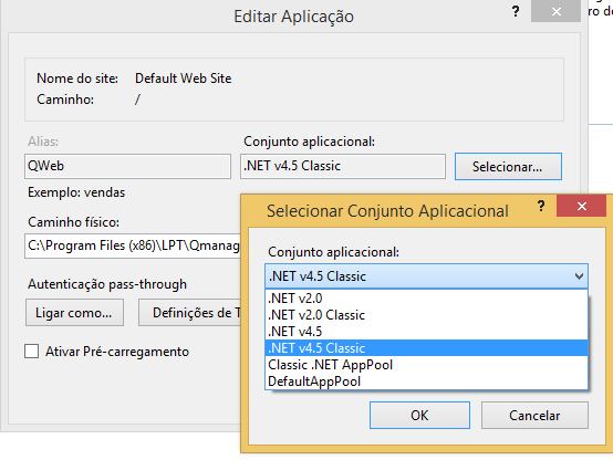 Ilustração 13 Página de Gestão do IIS Selecionar ASP.NET v4.