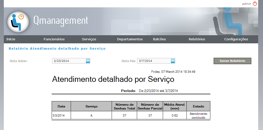 Atendimento detalhado por Serviço Este relatório pretende mostrar o atendimento detalhado por serviço: a data em que foi feito o atendimento, o serviço, o nº total de senhas atendido, o nº parcial de