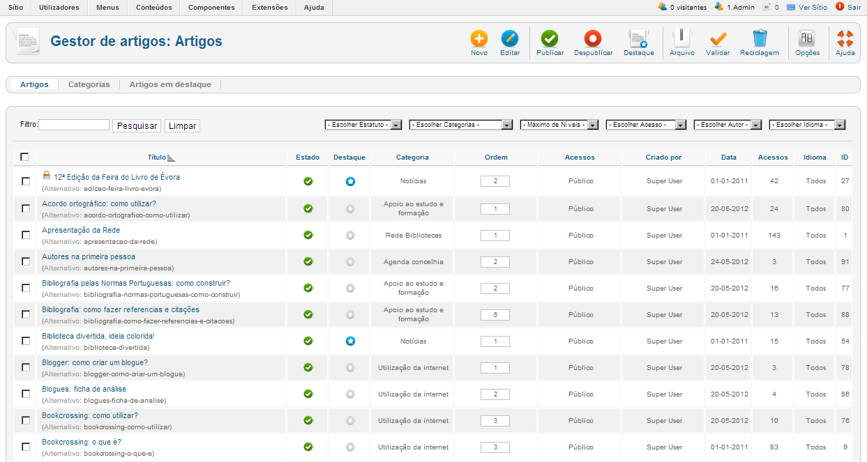 5 organizar a informação Neste painel (figura 16) pode gerir os artigos. Acede a diversas colunas que definem esta gestão. Figura 16 - Gestor de artigos 5.