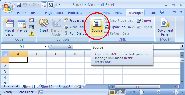 3.2.3. Ligar o Excel ao Esquema XSD O passo seguinte consiste em ligar o Excel ao Esquema XSD. Para isso o utilizador acede ao separador Developer ( Programador ) e depois ao botão Source ( Origem ).