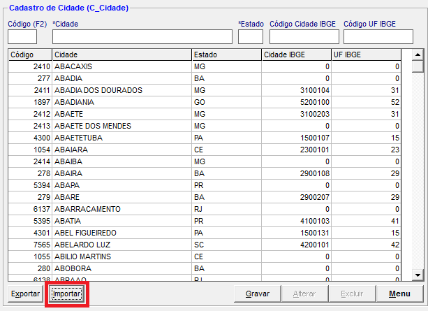 Importação dos Códigos IBGE: Pressione o