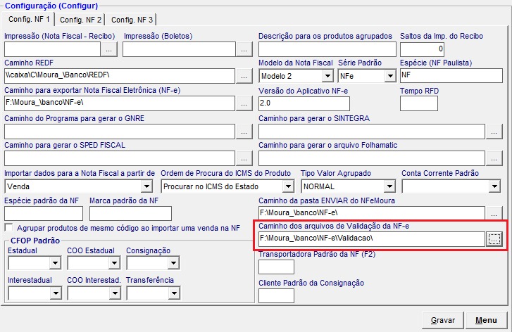 Na opção Caminho dos Arquivos de Validação