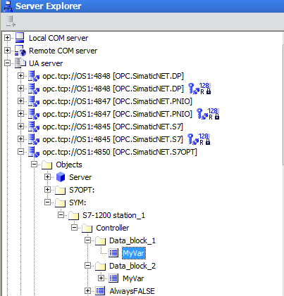 Navegar na estrutura de diretórios: UA Server -> opc.tcp// nome do micro :...[OPC.SimaticNET.