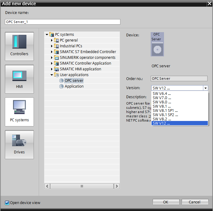 2.3. Inserção de OPC / PC Station Na árvore de diretórios à esquerda ( Project tree ), clicar em Add new device. Selecionar User applications, OPC Server (1).
