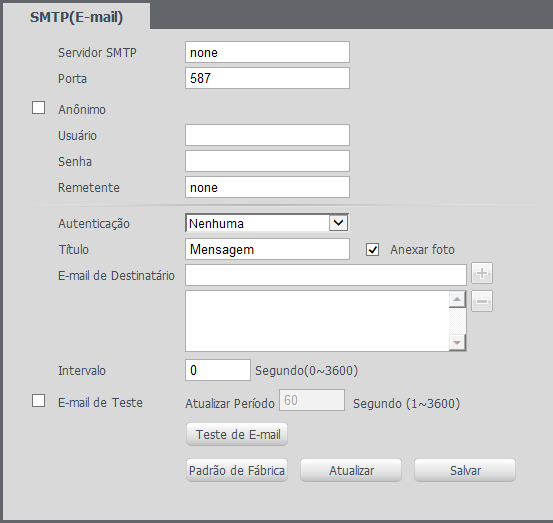 SMTP (e-mail) Ao configurar um servidor SMTP, é possível configurar a câmera para enviar e-mail quando ocorrer algum evento, como uma detecção de movimento. SMTP Servidor SMTP: insira o servidor SMTP.