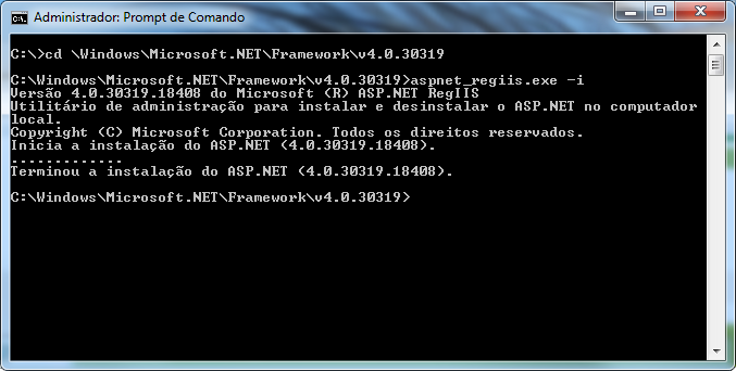 Uma vez no diretório acima, digite o seguinte comando: aspnet_regiis.exe i (Enter) O resultado será o seguinte: 2 - Conteúdo do pacote: EsusSamu_v13.zip o esussamu ESUSSAMU_BD.zip o ESUSSAMU.