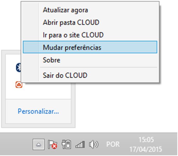 3 Configurações Na Barra de tarefas, próximo ao relógio clique em Mostrar ícones ocultos em seguida clique no ícone Cloud: Atualizar agora: Atualiza o Cloud para a ultima versão disponibilizada.