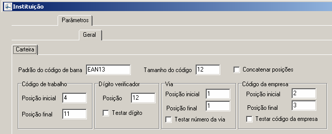 Manual PER-MAN-007 Instituição 1.2.3.1 CARTEIRA Os parâmetros de carteira definem o padrão do código de barras da carteira dos usuários e a composição do código de Identificação.