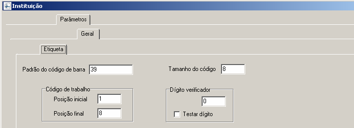 Manual PER-MAN-007 Instituição 1.2.3.2 ETIQUETA Os parâmetros de etiqueta definem o padrão do código de barras utilizado e a composição dos códigos de exemplar.