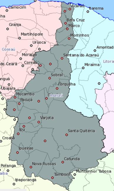 Segundo o PGABA (2010), a Bacia do Acaraú abrange integralmente a área de 11 municípios e parcialmente de outros 17 municípios (Figura 3.5). Figura 3.5 - Bacia hidrográfica do Acaraú.