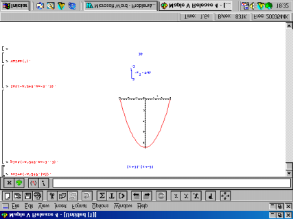 No cálculo da itegral utilizei os seguites comados: solve para determiar os potos de itersecção das curvas com o eixo das abscissas; plot para traçar o gráfico da curva; it para calcular a área