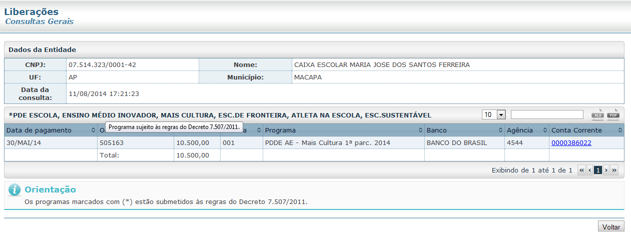 Passo 2 Selecione o ano em exercício (2014), o Programa (PDDE Qualidade), o CNPJ da escola, ou simplesmente a UF e o Município em que ela está localizada. Clique em Confirmar.