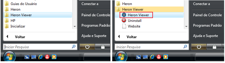 6. Após a instalação é possível acessar o programa acionando: Menu Iniciar Todos os programas Heron Viewer Heron Viewer: Ou através do Ícone de atalho para o Heron Viewer na Área de Trabalho