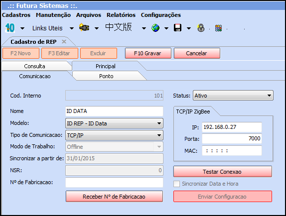 Cadastro do REP - FP18 Sistema: Futura Ponto Caminho: Configurações>Cadastro de REP Referencia: FP18 Versão: 2015.