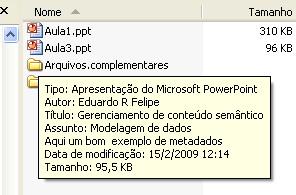 Metadados - Exemplo Menu Arquivo - Propriedades Janela do gerenciador de arquivos Windows