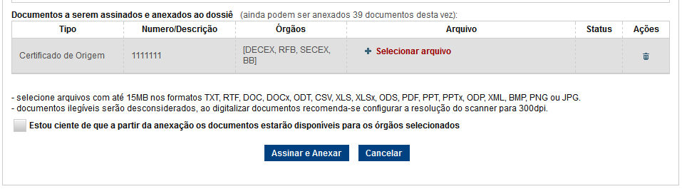 Observação: O operador deverá compartilhar o documento somente com os órgãos que por demonstraram algum interesse para fim de análise da operação de comércio exterior.