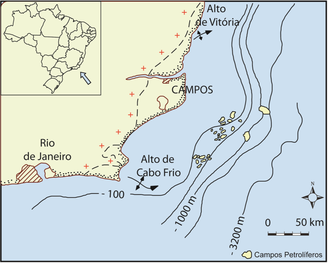 19 Figura 2. Bacia de Campos, limitada pelo Arco de Vitória e pelo Arco de Cabo Frio (Fonte: Modificado de Moraes, 1989).