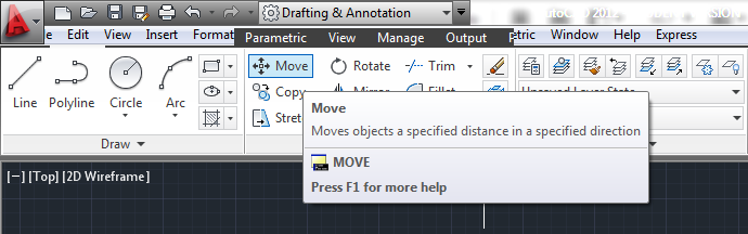Comando Move A principal maneira de deslocar objetos no AutoCad é através do comando Move. Para acessar o comando Move basta digitar m na linha de comando ou clicar no atalho presente no Modify.