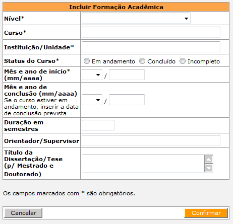 De maneira similar à que ocorre com a aba Identificação, a aba Formação Acadêmica também mostra o link quando você possui um e ele já tenha sido transferido para o SAGe.