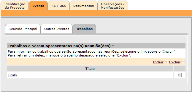 Proceda com a escolha da Natureza da Apresentação e clique no botão Confirmar. O sistema retorna à tela original de cadastro de trabalhos.