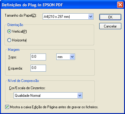 O sistema exibirá a janela Definições Gravar Ficheiro: Selecione PDF como a configuração do tipo de arquivo.