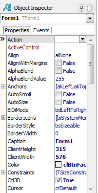 Object Inspector (Propriedades e Eventos) Objeto Atualmente Selecionado O Object Inspector é a ferramenta responsável por permitir a modificação das propriedades dos componentes/objetos de forma