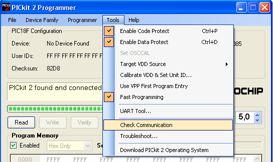 gravação, acesse o menu Tools> Check comunication.