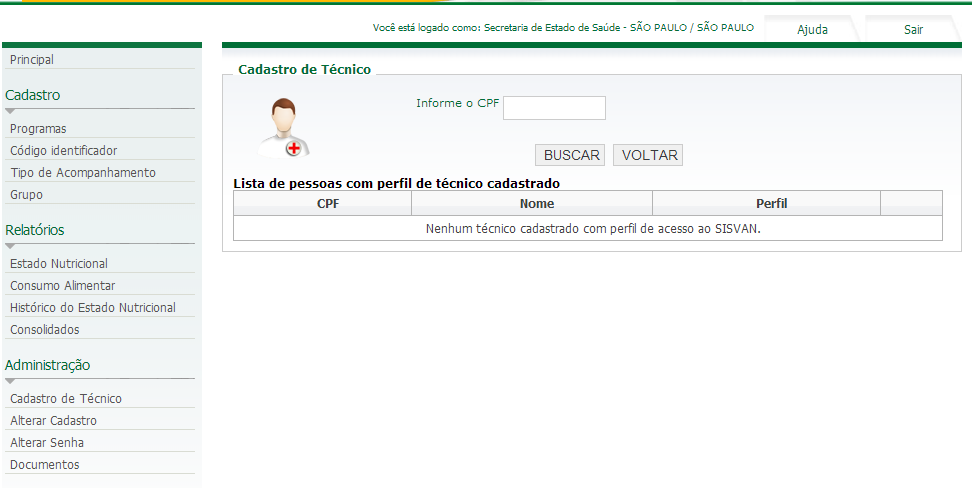 Aqui deve ser inserido o CPF do técnico e, em seguida, clique em buscar; Logo será exibida uma tela