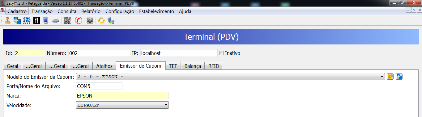 3.3 Configurar impressora no Retaguarda do Easy@ssist No Retaguarda abrir o cadastro de Emissor de Cupom; Cadastro/Emissor de Cupom.