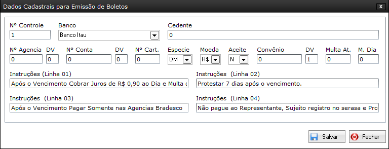 CONFIGURAÇÕES- CONFIGURAR BOLETO BANCARIO Configuração do Boleto Bancário Nesta tela você pode configurar os dado necessários para impressão de boletos bancários.