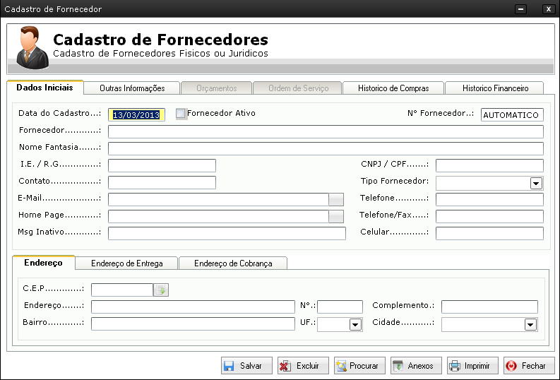 CADASTRO DE FORNECEDORES-DADOS INICIAIS Cadastro de Fornecedores Dados Iniciais ficha cadastral do fornecedor, limite de compra, informações gerais sobre o fornecedor, inclusão ou remoção de