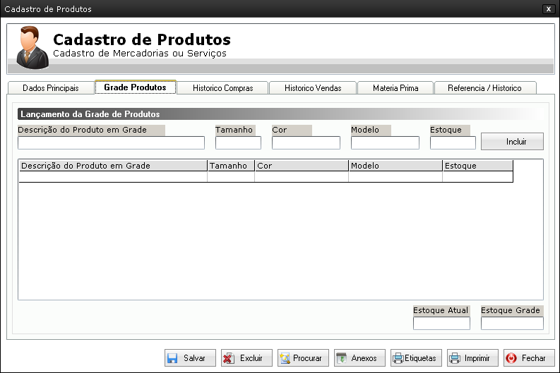 CADASTRO DE PRODUTOS E MERCADORIA-GRADE DE PRODUTOS Cadastro de Produtos Grade de Produtos Esta tela você pode cadastrar a grade do produto ex. números, tamanhos, cores, etc.