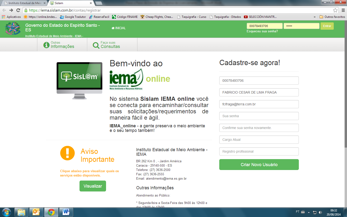 3) Uma nova tela se abrirá, do SISLAM, que é o sistema de emissão de dispensa do licenciamento do IEMA.