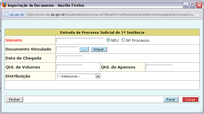 20 Como Registrar uma Entrada de um Processo Judicial (Entrada de Carga) Quanto aos Processos Judiciais, não será necessária a digitação dos dados cadastrais, pois como o sistema Arquimedes é