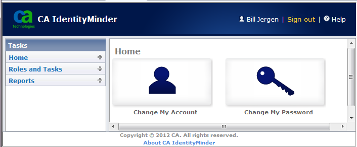 Console de usuário padrão As tarefas que você vê quando efetua logon no ambiente do CA IdentityMinder dependem de suas funções administrativas.