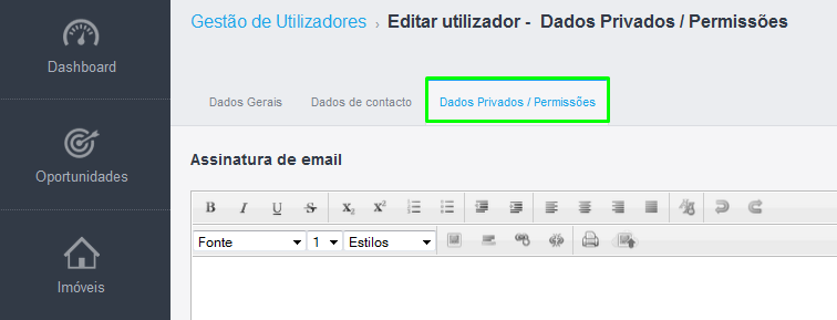 3. Na ficha do utilizador, ir até ao menu Dados Privados /