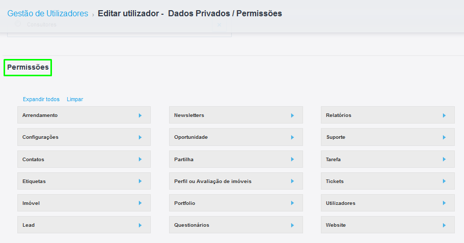 5. Escolher as permissões que o utilizador terá nas diversas áreas da aplicação, através da caixa de seleção; Nota: Mesmo que não selecione a opção Listar, o utilizador pode sempre visualizar os