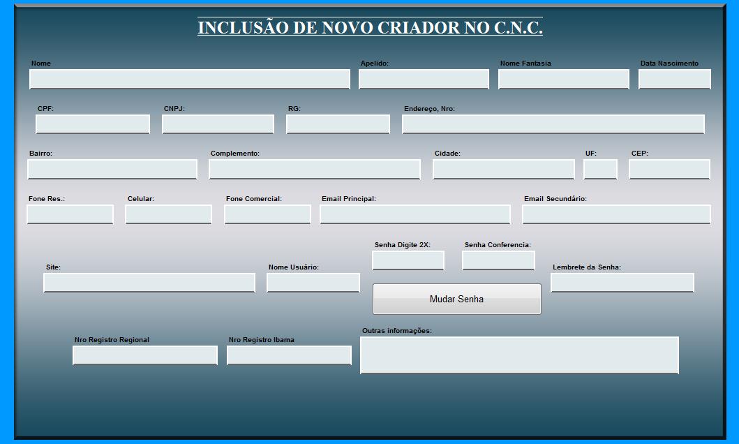 Automaticamente depois de salvar os dados no CADASTRO NACIONAL DE CRIADORES, será apresentada a página apresentada anteriormente de cadastro do criador no clube.