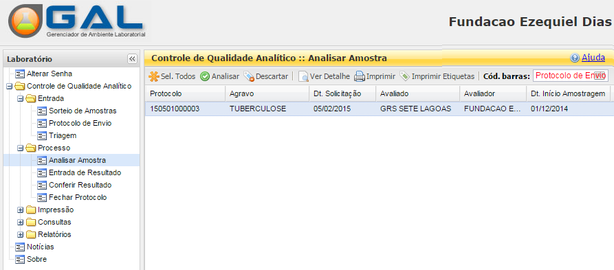 Processo (perfil laboratório avaliador) A área Processo está visível apenas para o perfil laboratório avaliador, pois este realizará o processo de análise de amostras, entrada de resultados,