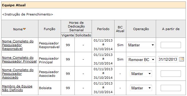 a) Para remover o Benefício Complementar de um membro de equipe a partir de certa data, informe o último dia do recebimento de seu benefício, caso a solicitação seja concedida.