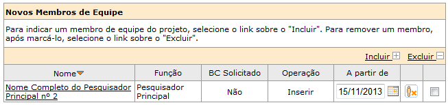 É obrigatório o preenchimento dos campos: Função selecionar a função do participante (exceto Pesquisador Principal). Horas Semanais Dedicadas ao Projeto Já está definida a pessoa para esta função?