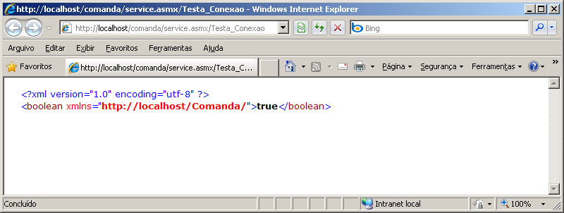 10. Testar a conexão Para testar a conexão volte a página inicial do WebService e clique em Testa_Conexao e depois em chamar. O resultado apresentado deve ser o seguinte.