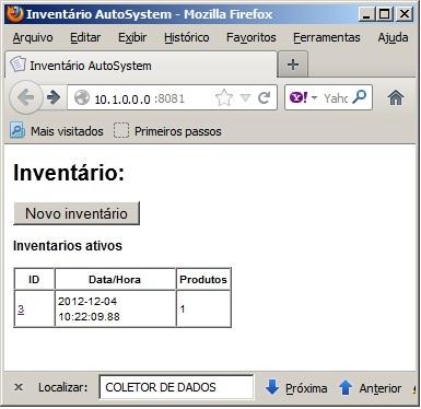 Aqui um exemplo de lançamento de inventário através do coletor web, o usuário acessou o I.