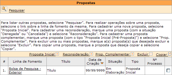 : este link é utilizado para submeter a proposta. Clique nele quando tiver terminado de preencher todas as abas e desejar enviar o formulário à FAPESP.