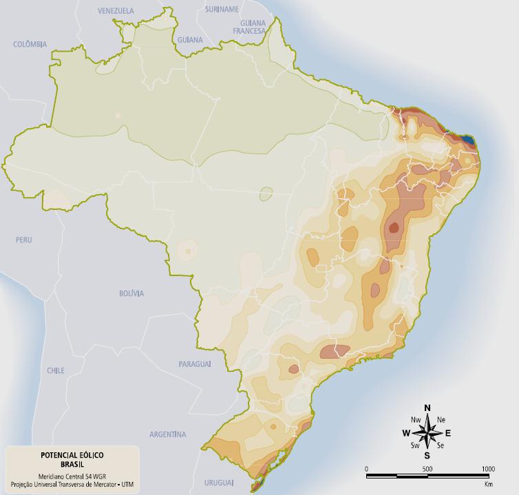 VELOCIDADE MÉDIA ANUAL DO VENTO A 50M DE ALTURA NOTAS: MATA: vegetação nativa com arbustos e árvores altas; CAMPO ABERTO: áreas planas de