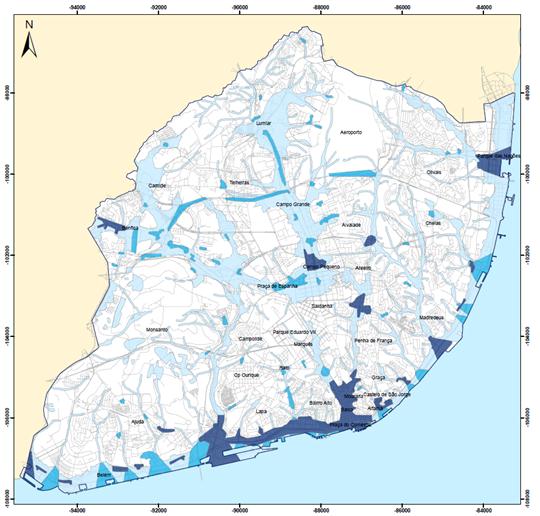 RISCOS NA CIDADE DE LISBOA Vulnerabilidade a inundações Face ao historial das ocorrências de inundações, relacionando-o com as variáveis: efeito de maré directo, declive, grau de permeabilidade,
