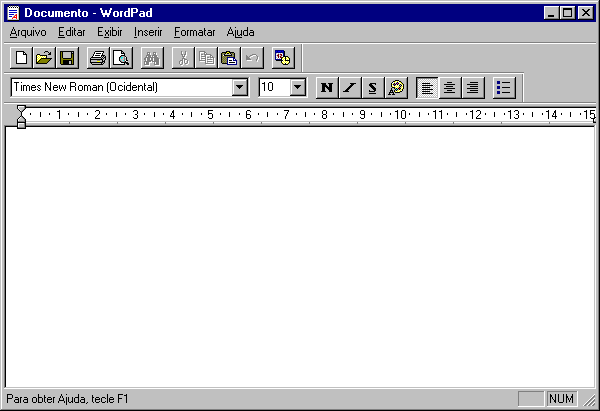 Clicar no botão iniciar Arrastar o mouse até programas Acessórios Clicar Word pad barra de título barra de menu barra de ferramenta padrão barra de ferramenta de formatação régua área para o texto