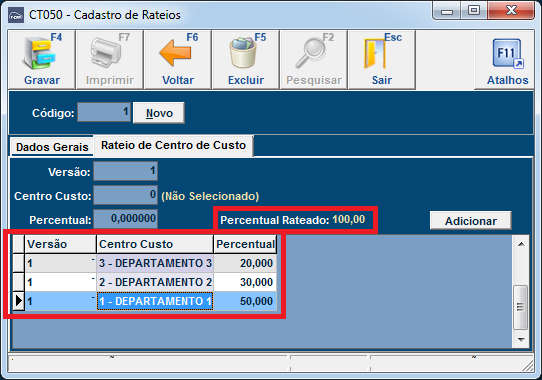 - Percentual Rateado: Apresenta a soma dos rateios já adicionados.