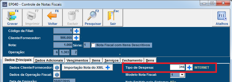 Figura 5: Indicação do rateio para o tipo de despesa Os três cadastros apresentados efetuam a configuração do rateio para as despesas.