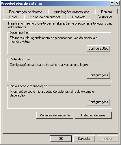 4. Variáveis de ambiente As variáveis de ambiente são criadas a partir da tela de propriedades do sistema. Para exibir essa tela, clique em iniciar/painel de controle/sistema.